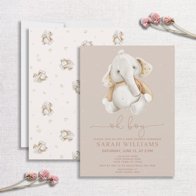 Invitación Minimalista Oh Boy Elephant Brown Baby Shower (Subido por el creador)