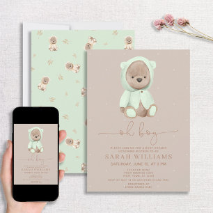 Invitación Minimalista Oh Boy Sage Green Bear Baby Shower
