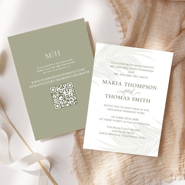 Invitación Minimalista Palm Boho deja Boda (Elegant Boho tropical palm leaves wedding invitation. With a scannable QR Code. )