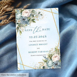 Invitación Minimalista Pastel Azul Oro Blanco Peony Save Date