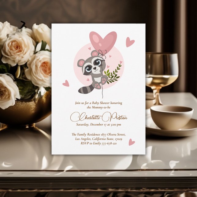 Invitación Minimalista Raccoon Baby Shower (Minimalist Cute Raccoon Baby Shower Invitation)