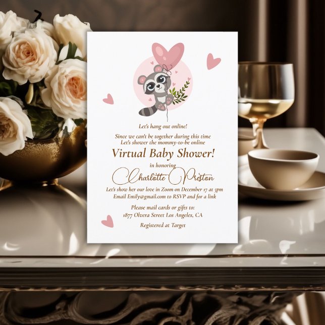 Invitación Minimalista Raccoon Baby Shower Virtual (Minimalist Cute Raccoon Baby Shower Virtual Invitation)
