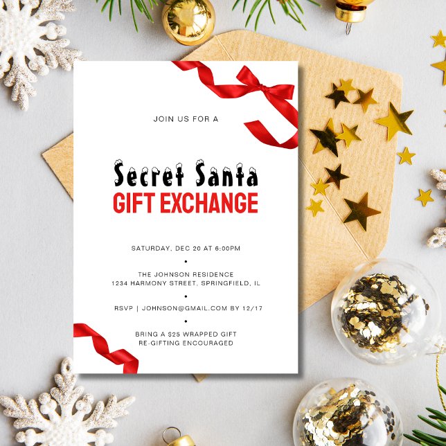 Invitación Minimalista Red Bow Secret Santa Gift Exchange (Minimalist Red Bow Secret Santa Gift Exchange Invitation)