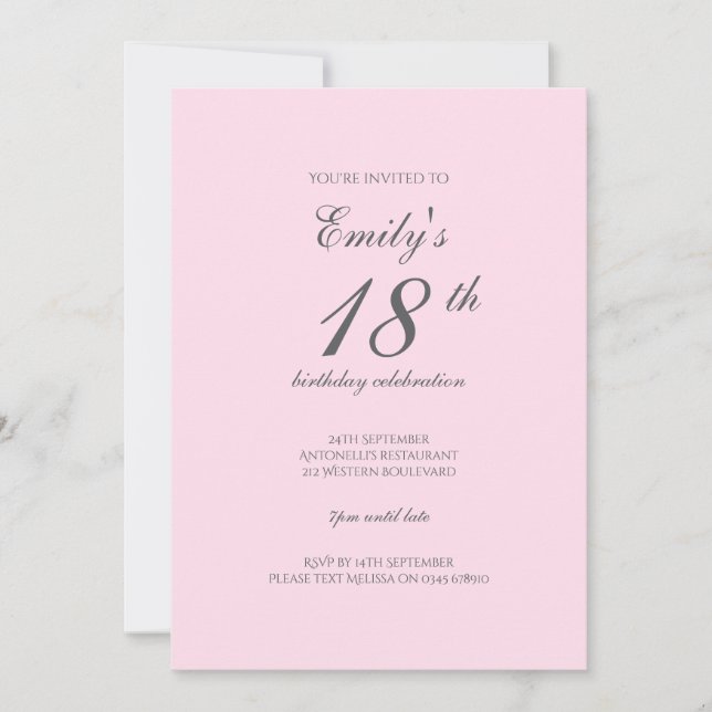 Invitación minimalista rosa para cumpleaños 18 (Anverso)