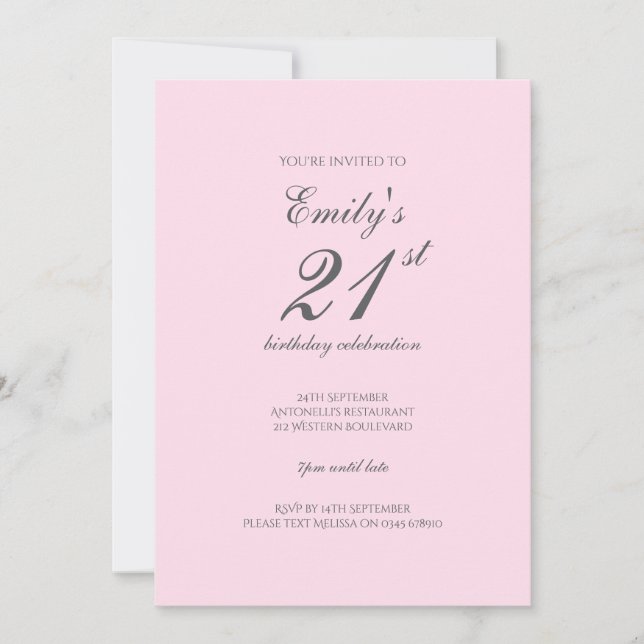 Invitación minimalista rosa para cumpleaños 21 (Anverso)