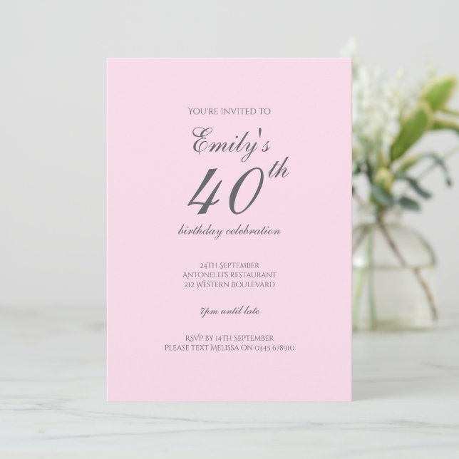 Invitación minimalista rosa para cumpleaños 40 (Anverso de pie)