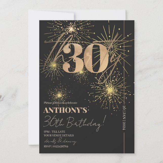 Invitación Minimalista Script Black & Gold 30th Birthday Fies (Anverso)