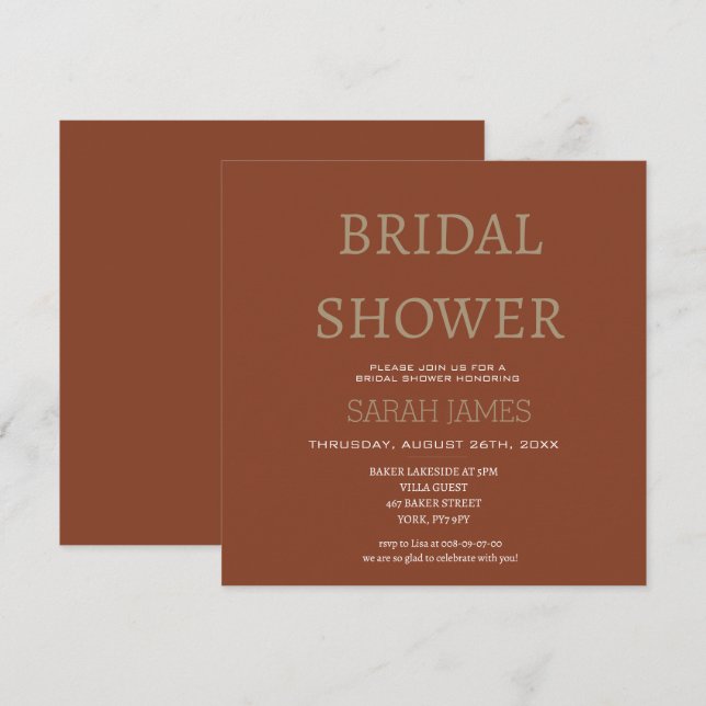 Invitación Minimalista Terracota Bridal Shower Personalizado  (Anverso / Reverso)