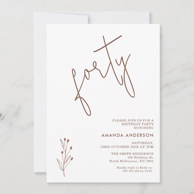Invitación Minimalista Terracota Textos 40 cumpleaños (Anverso)