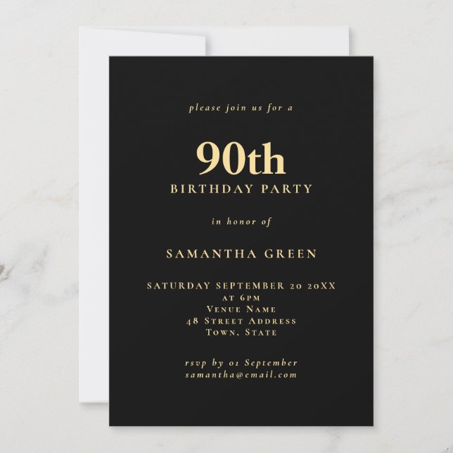 Invitación Minimalista texto Black Gold 90th Cumpleaños Party (Anverso)