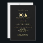 Invitación Minimalista texto Black Gold 90th Cumpleaños Party<br><div class="desc">Minimalista Textos Black Gold 90th Birthday Party (Fiesta de cumpleaños 90º). Personalice fácilmente el texto y cambie el tipo de letra y los colores de fondo si lo desea a través de la opción de edición adicional.</div>