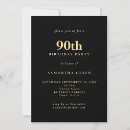 Invitación Minimalista texto Black Gold 90th Cumpleaños Party