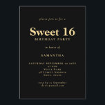 Invitación Minimalista texto Black Gold Sweet 16 Cumpleaños P<br><div class="desc">Minimalista Texto Black Gold Sweet 16 Cumpleaños Party. 100% personalizable. Personalice fácilmente el texto y cambie el tipo de letra y los colores de fondo si lo desea a través de la opción de edición adicional.</div>