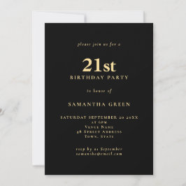 Invitación Minimalista texto oro negro 21 cumpleaños Fiesta