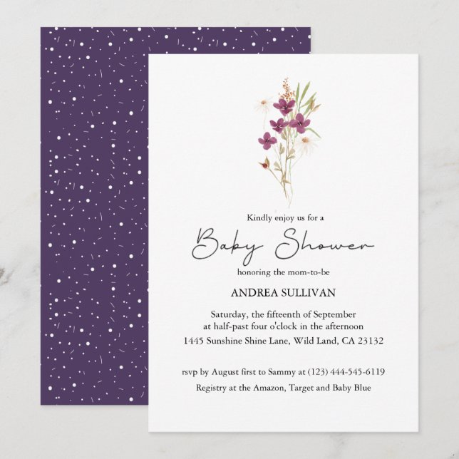 Invitación Minimalista Wildflower Purple Baby Shower (Anverso / Reverso)