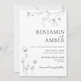 Invitación Minimalista Wildflowers Line Art Boho Boda