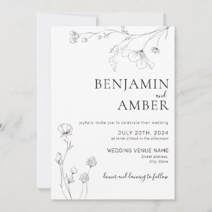 Invitación Minimalista Wildflowers Line Art Boho Boda