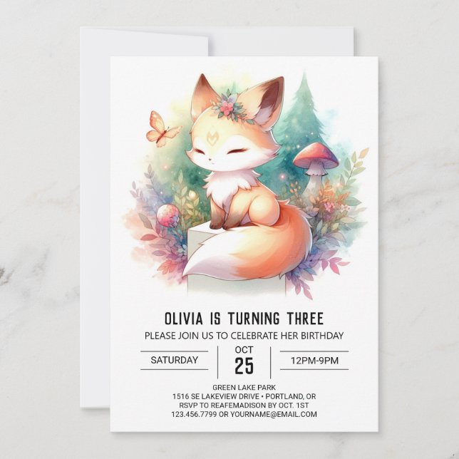 Invitación Minimalista Woodland Fox Birday digital (Anverso)