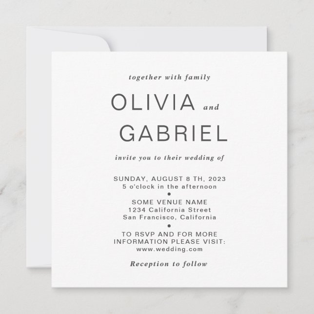 Invitación Minimalista y elegante. Boda blanco negro moderno (Anverso)