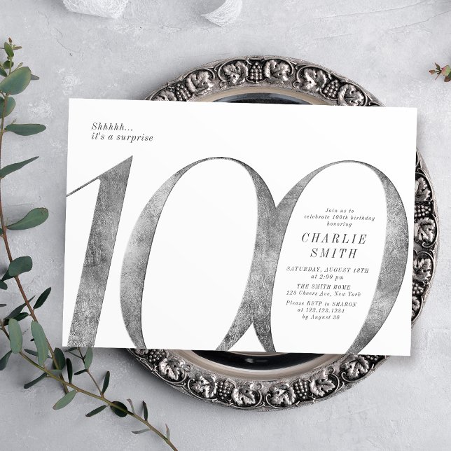 Invitación Minimalista y moderna plata falsa 100 años (Modern minimalist faux silver 100th birthday invitation)