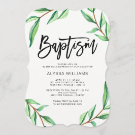 Invitación Minimalistas hojas verdes sobre el bautismo blanco