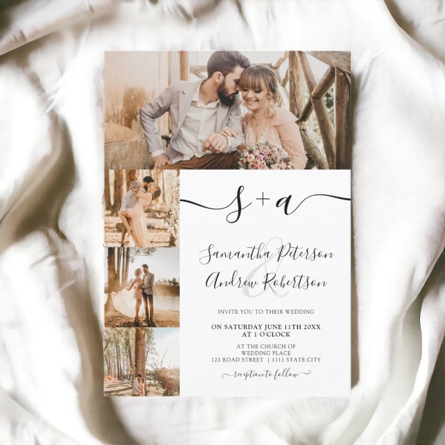 Invitación Minimalistas iniciales simples guión guión 5 fotos (Modern simple initials script 5 photos wedding invitation)