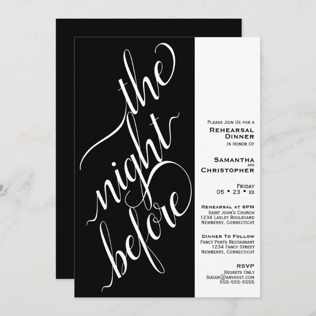 Invitación Mínimo 2 panel Boda ensayo Cena Negro (Anverso / Reverso)
