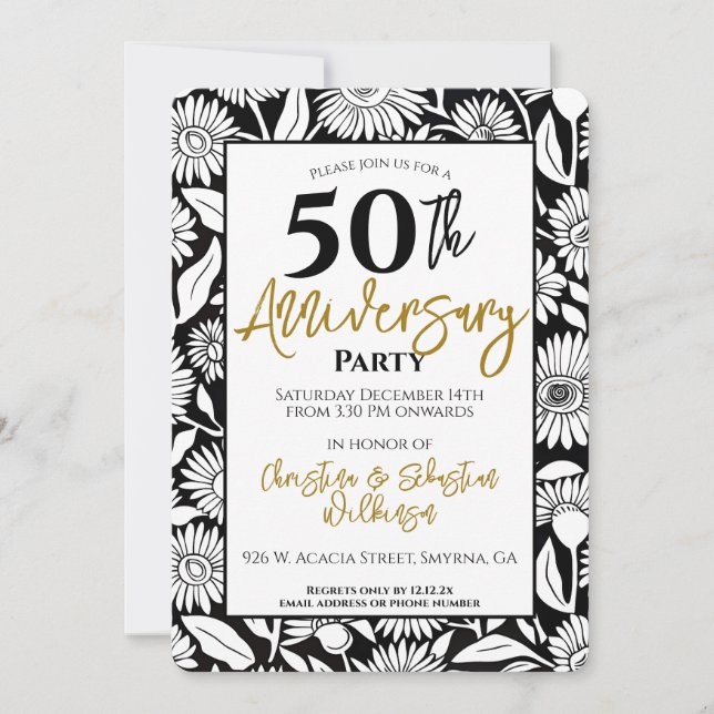 Invitación Mínimo 50 aniversario Boda Fiesta Oro Negro (Anverso)