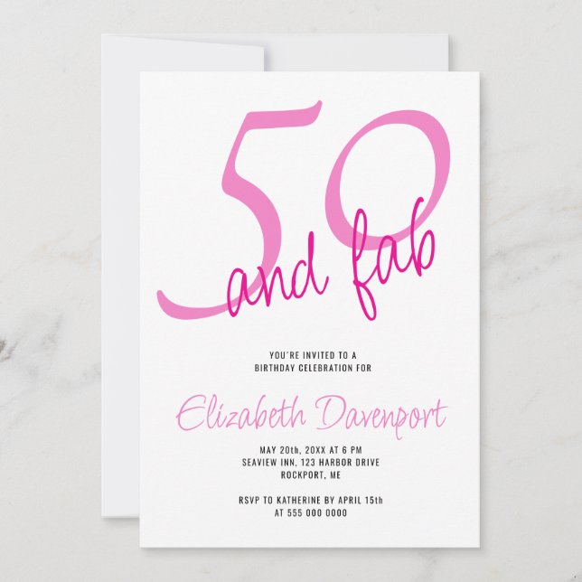 Invitación Mínimo 50 y Cumpleaños Rosa Fab (Anverso)