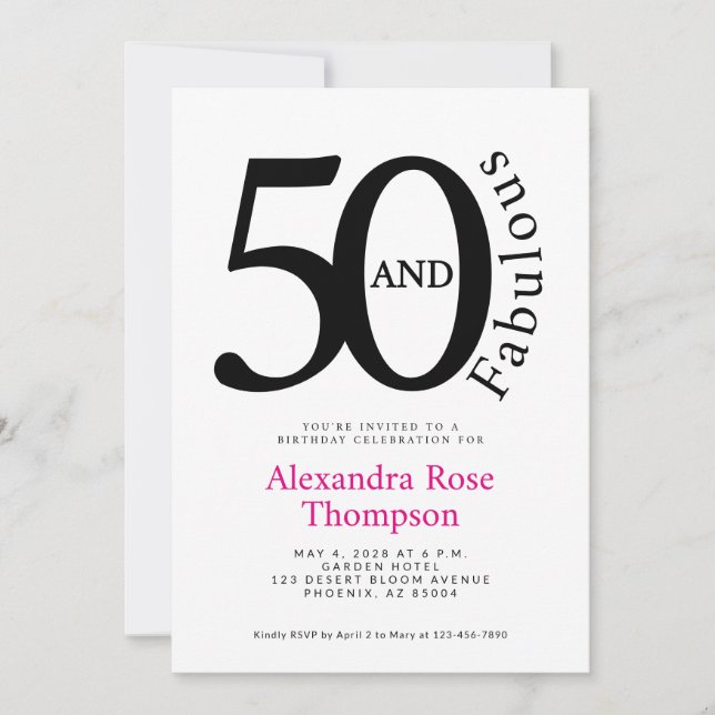 Invitación Mínimo 50 y fabuloso Cumpleaños 50 Fiesta de Rosa (Anverso)