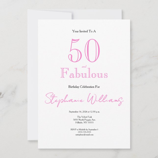 Invitación Mínimo 50 y Fabuloso Cumpleaños 50 Rosa (Anverso)