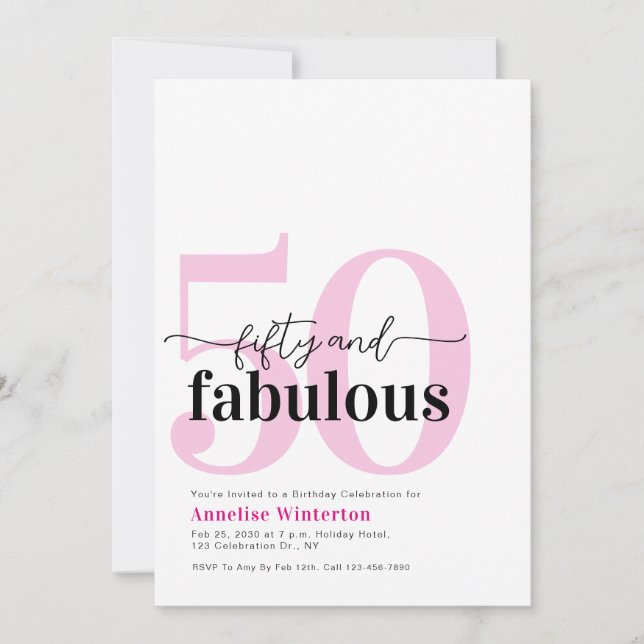Invitación Mínimo 50 y fabuloso cumpleaños 50 rosa (Anverso)