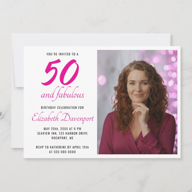 Invitación Mínimo 50 y Fabuloso Cumpleaños Foto Rosa (Anverso)