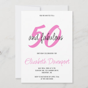 Invitación Mínimo 50 y Fabuloso Cumpleaños Negro y Rosa
