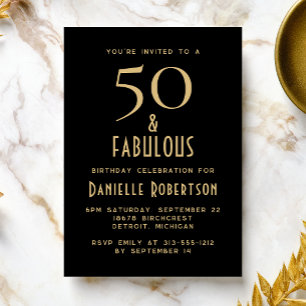 Invitación Mínimo 50 y fabuloso cumpleaños número 50 negro