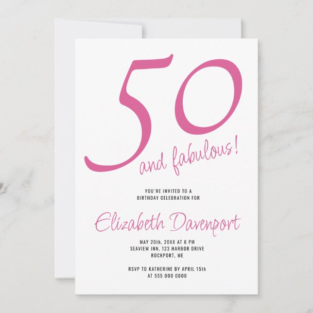 Invitación Mínimo 50 y Fabuloso Cumpleaños Rosa (Anverso)