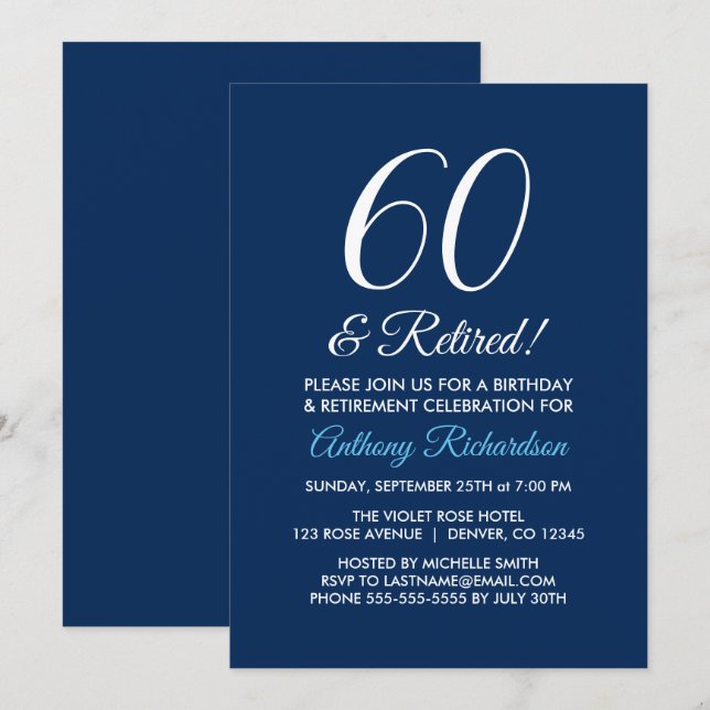 Invitación Mínimo 60 y Jubilado Azul Marino Jubilación (Anverso / Reverso)
