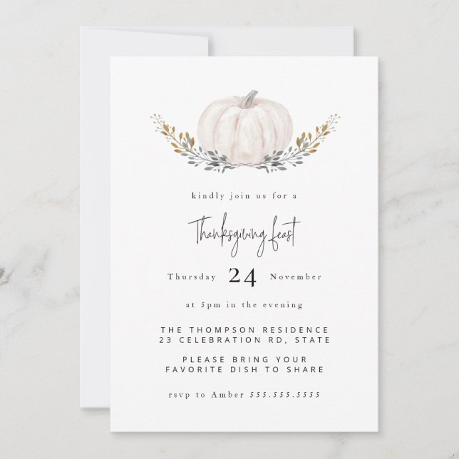 Invitación Mínimo acuarela Calabaza Foliage Acción de Gracias (Anverso)