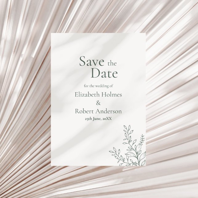 Invitación Mínimo Ahorro Botánico Verde Salva la Fecha (Minimal Sage Green Botanical Save the Date Invitation on a neutral dry palm leaf.)