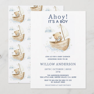 Invitación Mínimo Ahoy Es Un Niño Teddy Velero Baby Shower