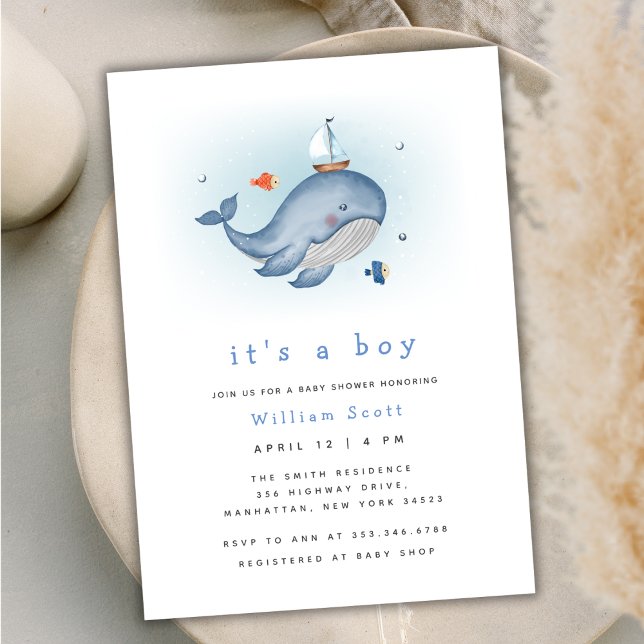 Invitación Mínimo Bajo La Mira Whale Nautica Baby Shower (Minimal Under The See Whale Nautica Baby Shower Invitation)