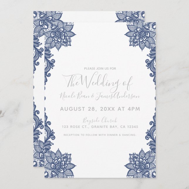 Invitación Mínimo Blanco y Azul Floral Lace Elegante Boda (Anverso / Reverso)