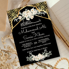 Invitación Mínimo Boda árabe islámico floral dorado negro