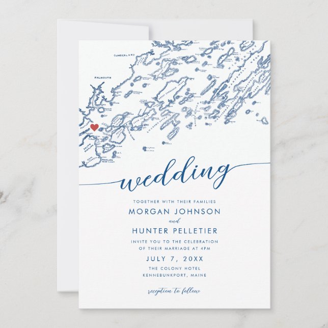 Invitación Mínimo Boda de Mapa Moderno de Portland Maine (Anverso)
