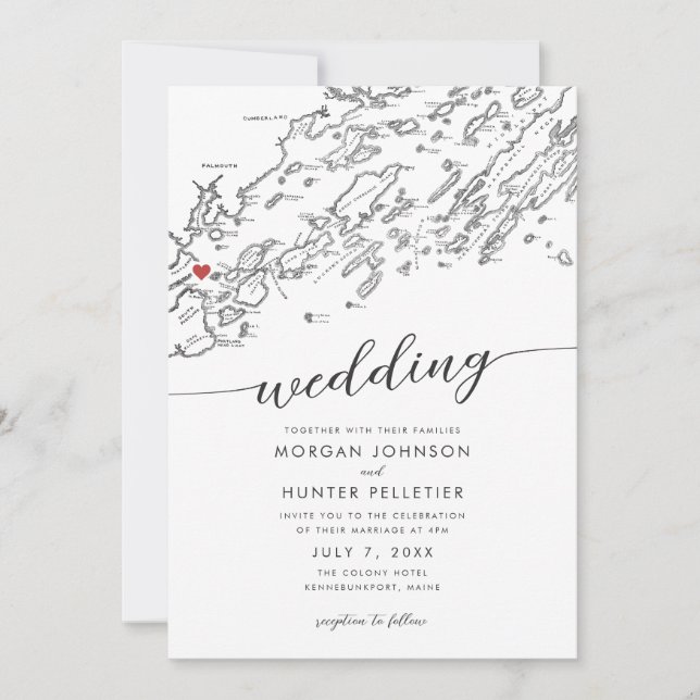Invitación Mínimo Boda de Mapa Moderno de Portland Maine (Anverso)