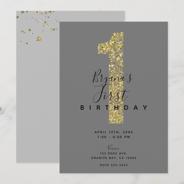 Invitación Mínimo Brillo Dorado Gris 1 Cumpleaños 1º En (Anverso / Reverso)