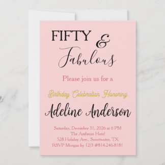 Invitación Mínimo Caprichoso 50 y Fabuloso Rosa Dorado Negro