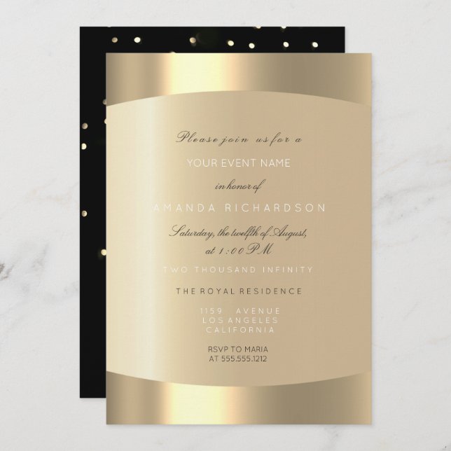 Invitación Mínimo Champaigne Oro Negro Confetti Sepia Marfil (Anverso / Reverso)