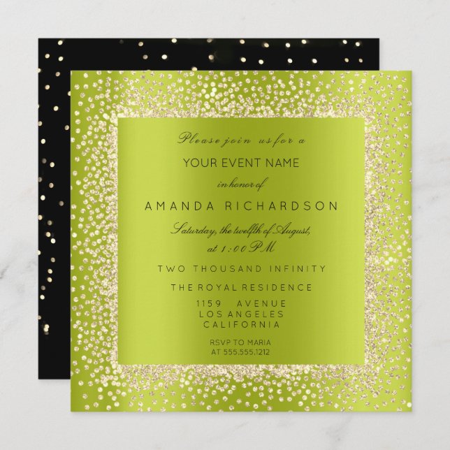 Invitación Mínimo Champaigne Oro Negro Confetti Sepia Verde (Anverso / Reverso)