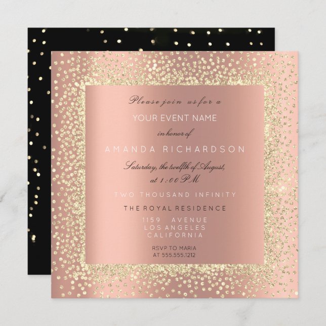 Invitación Mínimo Champaigne Oro Negro Rosa Confetti (Anverso / Reverso)